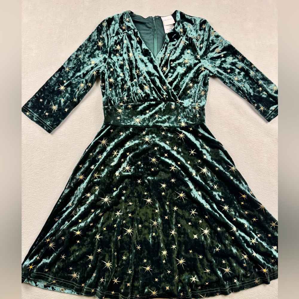 Her Universe Retro Star Velvet Dress Small Green Gold Stars Holiday Pockets